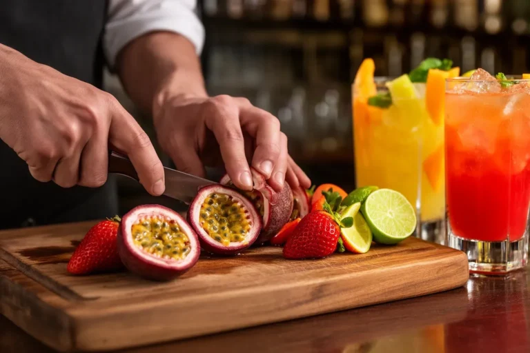 Manos de barman cortando maracuyá, fresas y lima para preparar cócteles de fruta fresca