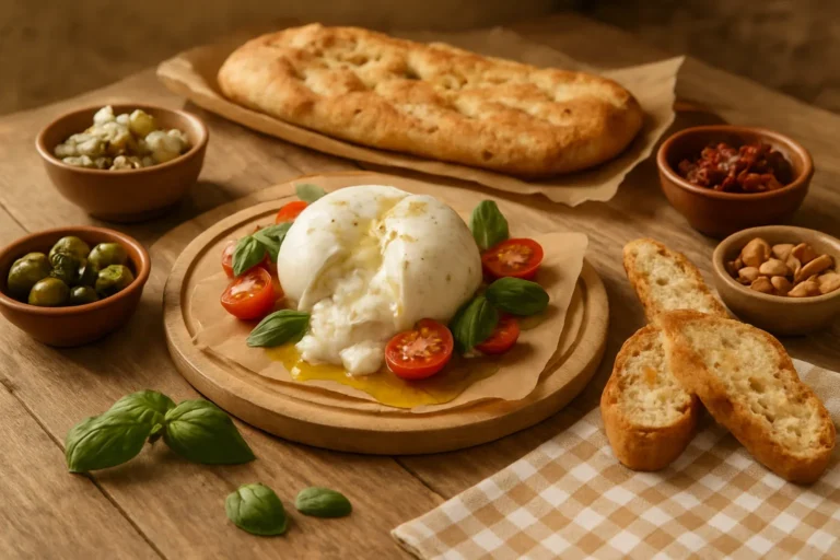 Burrata abierta con tomate y aceite de oliva entre entrantes italianos para compartir