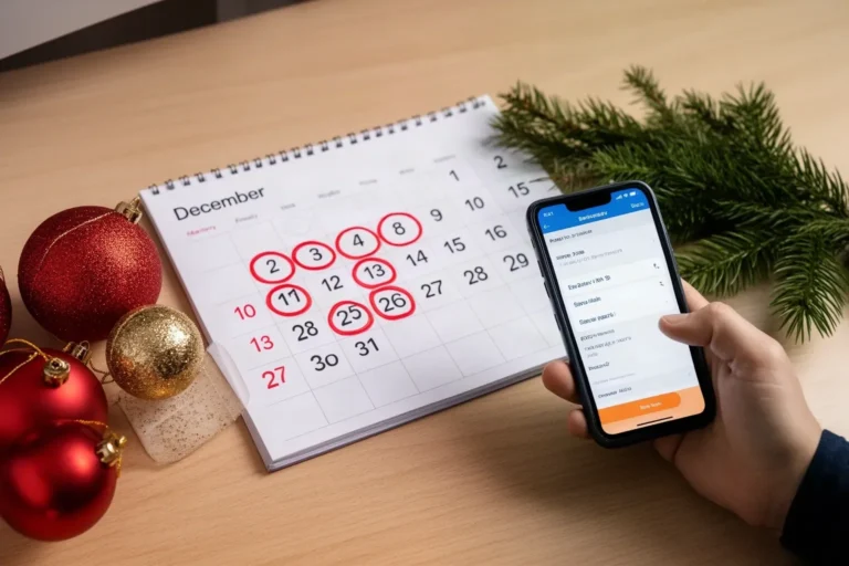 Calendario de diciembre con adornos navideños y móvil para reservar la cena de empresa