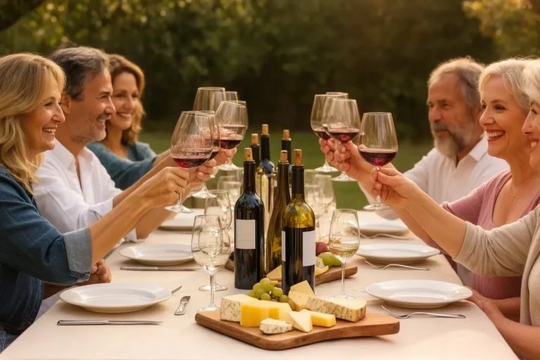 Adultos celebrando un cumpleaños redondo con una cata de vinos alrededor de una mesa