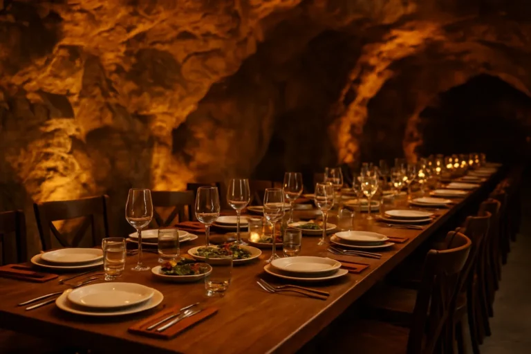 Mesa larga preparada para una cena de empresa dentro de una cueva iluminada