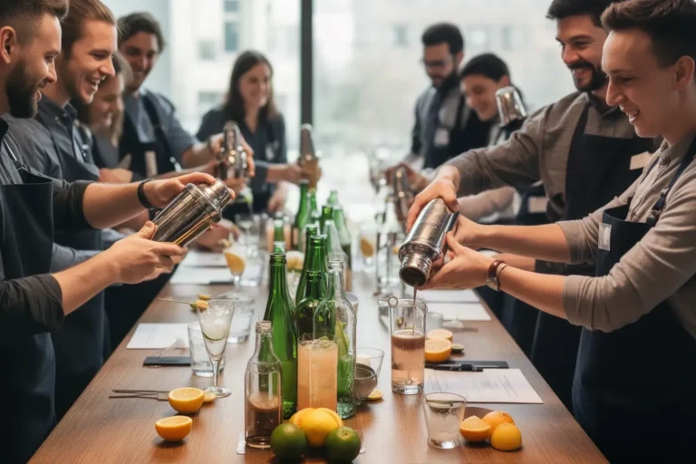 Compañeros de trabajo preparando cócteles en un taller durante una cena de empresa original