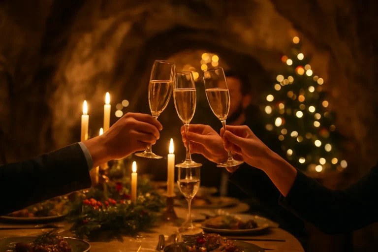 Mesa de cena de Navidad de empresa con velas y decoración navideña en una cueva