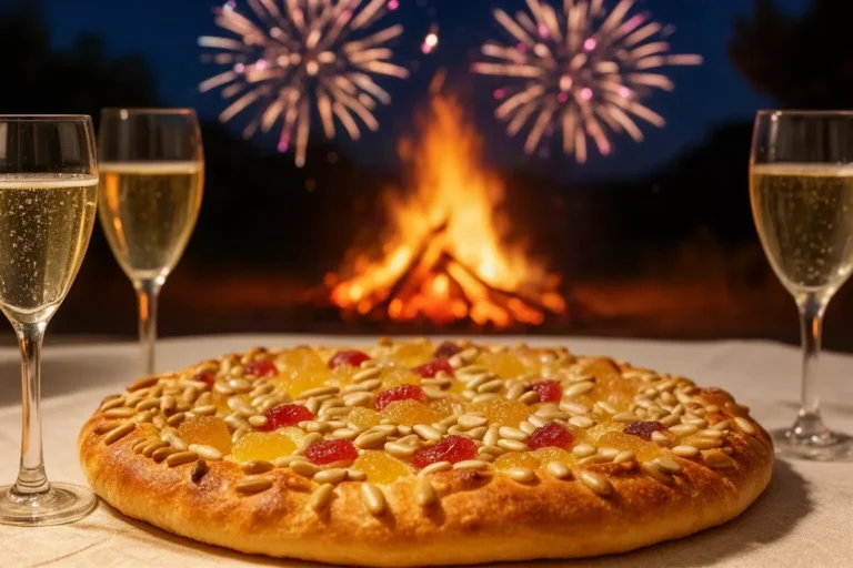 Coca de Sant Joan con piñones y fruta confitada junto a cava en la revetlla