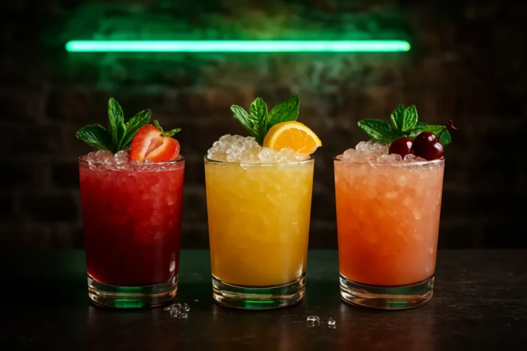 Cócteles con fruta fresca y hielo sobre la barra de un bar de copas