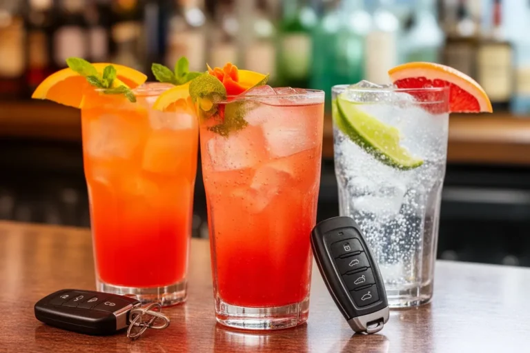 Cócteles sin alcohol de colores en la barra junto a unas llaves de coche