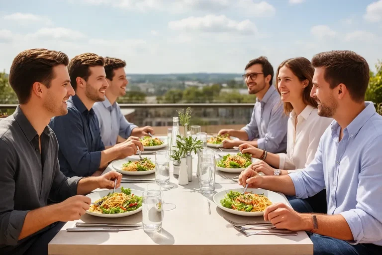 Compañeros de trabajo comiendo juntos al mediodía en una terraza soleada