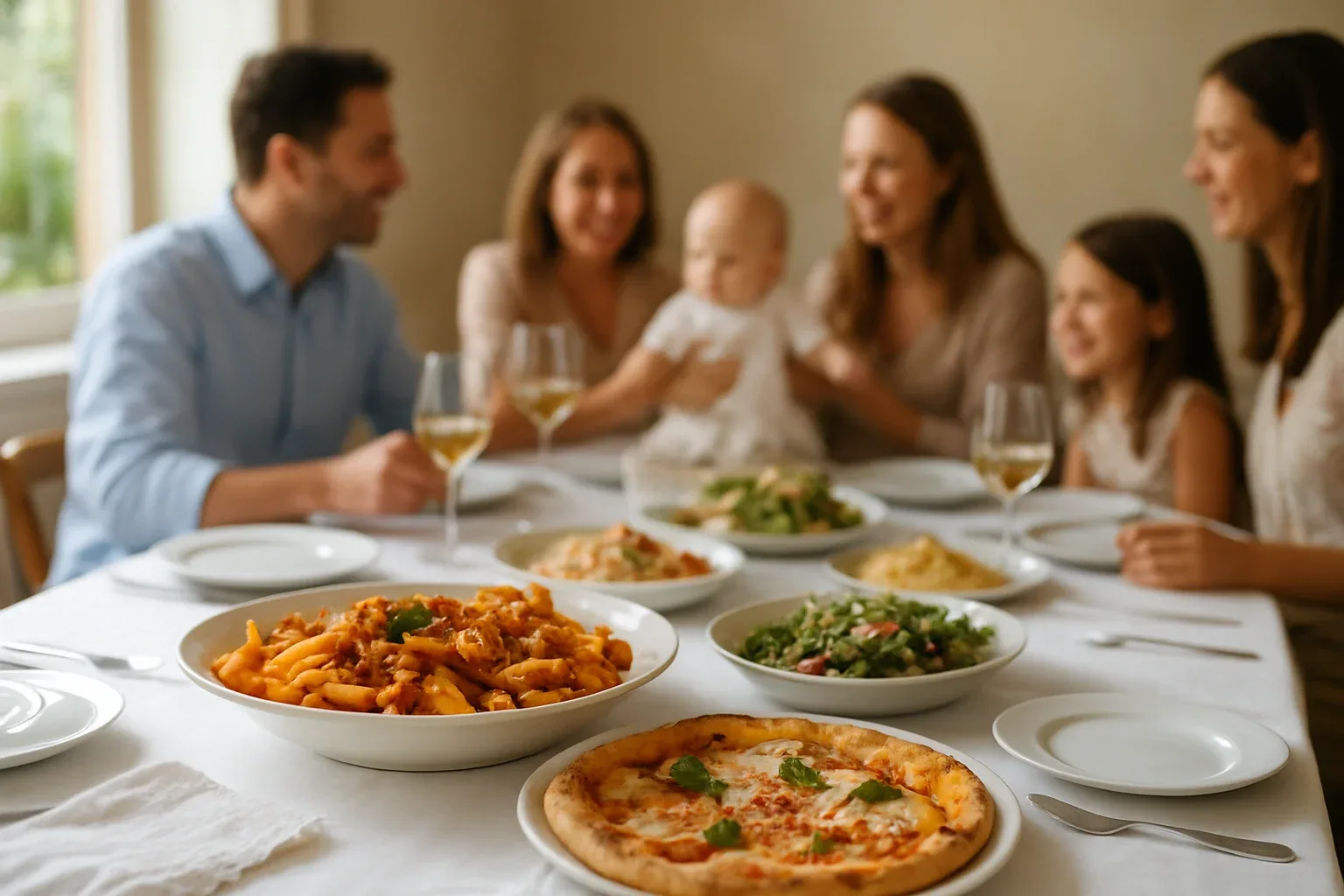 Dinar de grup al migdia amb taula llarga i plats italians