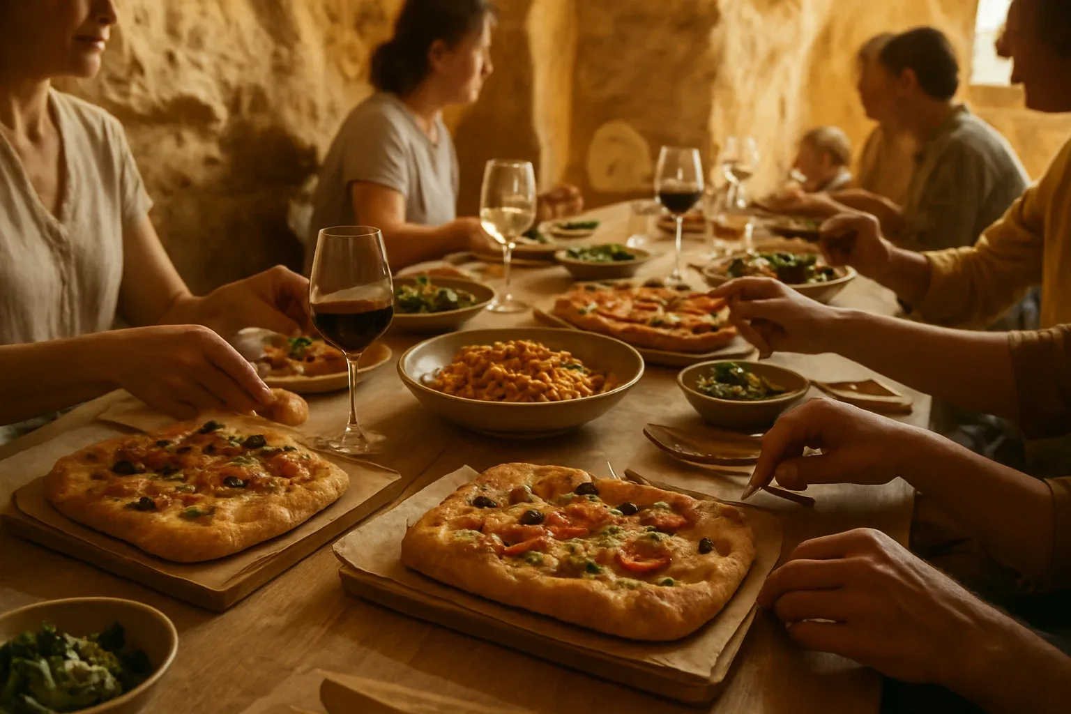 Comida familiar de domingo con platos italianos para compartir en una mesa larga