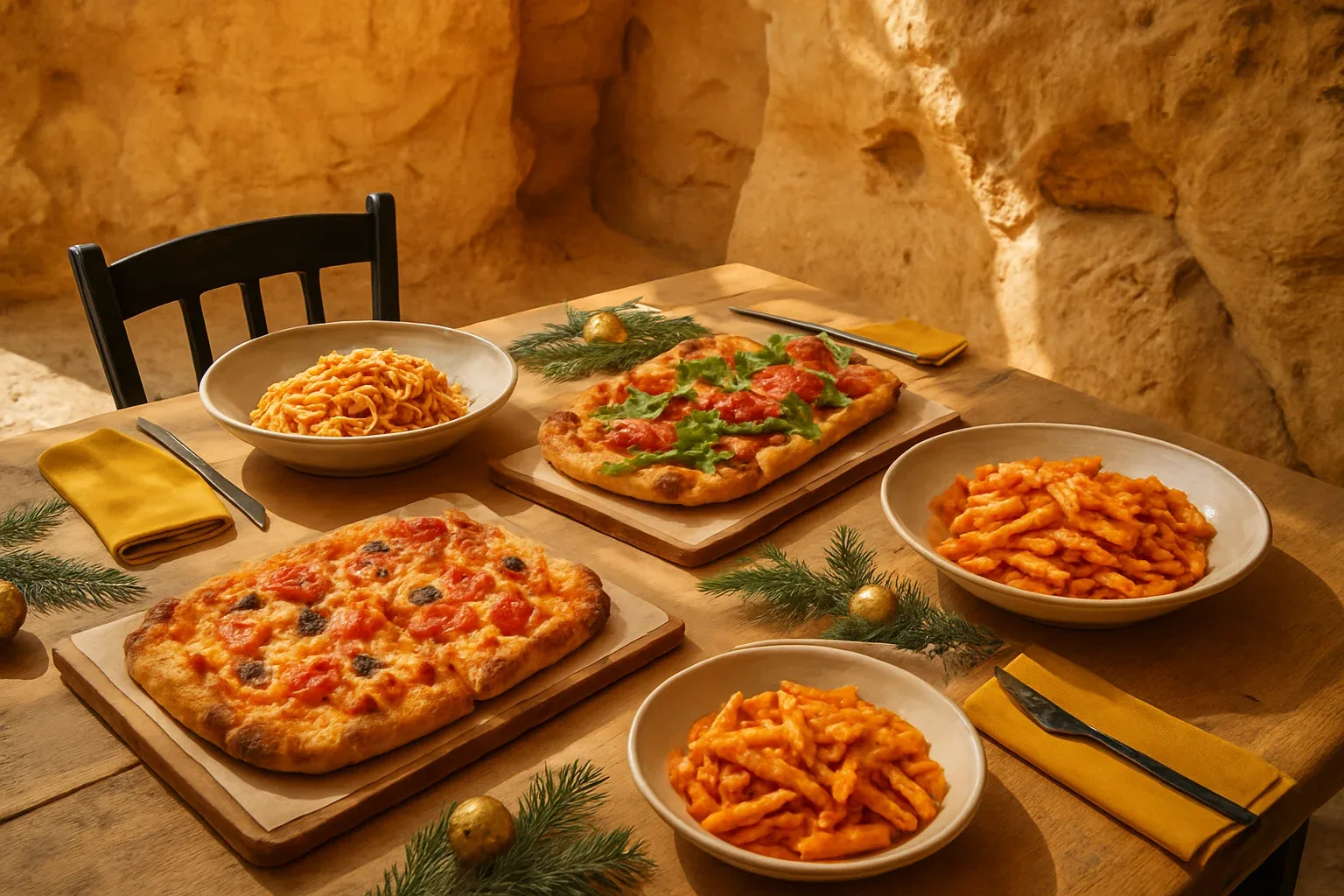 Mesa de comida de Navidad al mediodía con platos italianos
