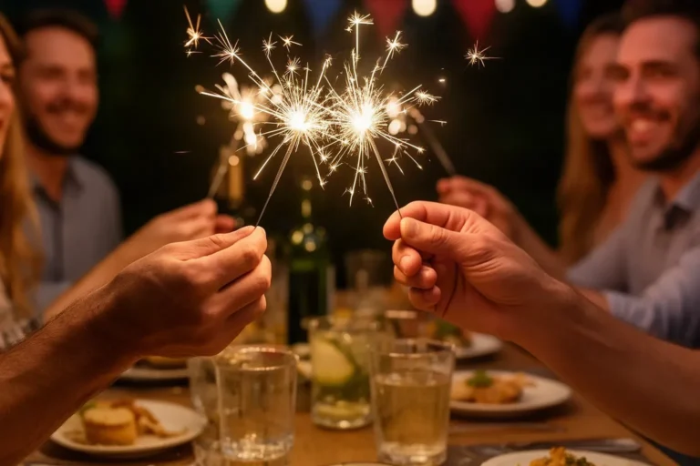Manos de adultos sosteniendo bengalas encendidas sobre una mesa de cumpleaños con copas