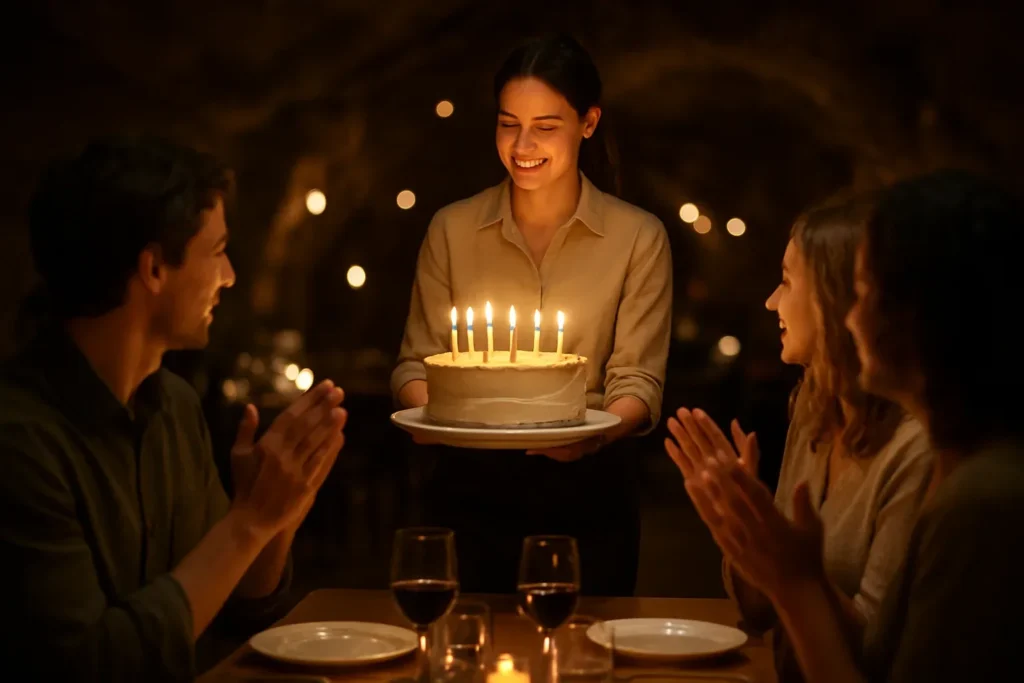 Tarta de cumpleaños con velas encendidas en una mesa de grupo (imagen ilustrativa)