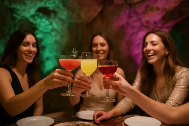Grupo de amigas brindando con copas en una despedida de soltera dentro de una cueva