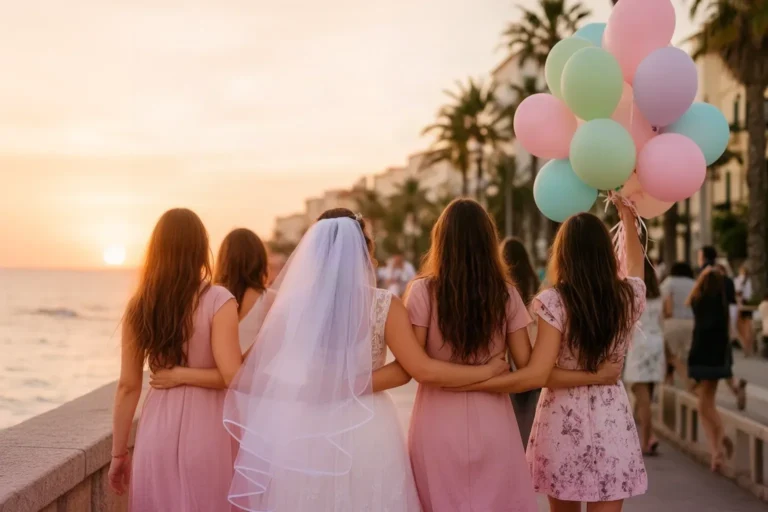 Grupo de amigas de espaldas paseando junto al mar al atardecer en una despedida de soltera