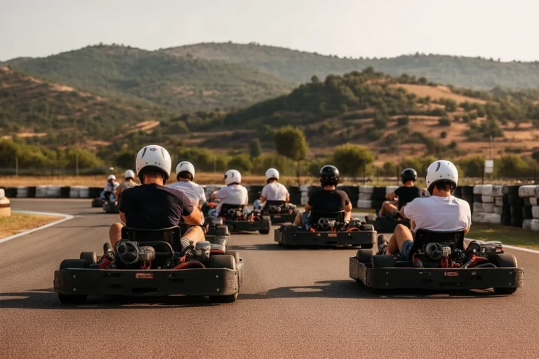 Amigos corriendo en una pista de karts al aire libre durante una despedida de soltero