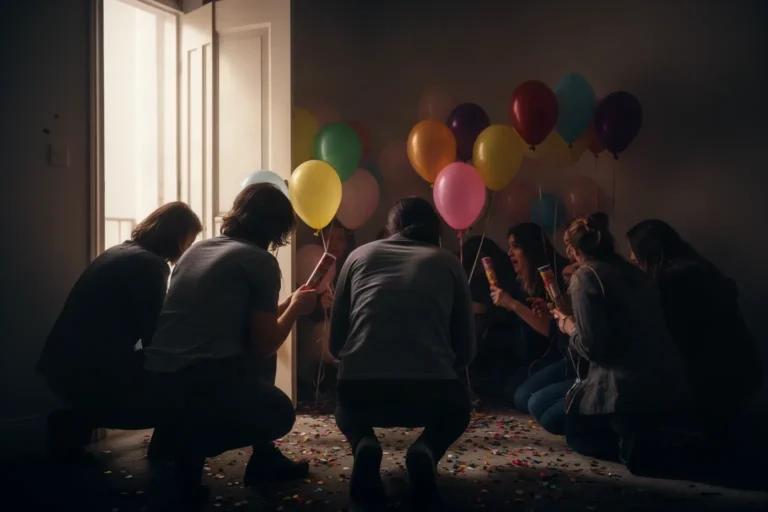 Amigos escondidos con globos y confeti esperando al homenajeado de una fiesta sorpresa