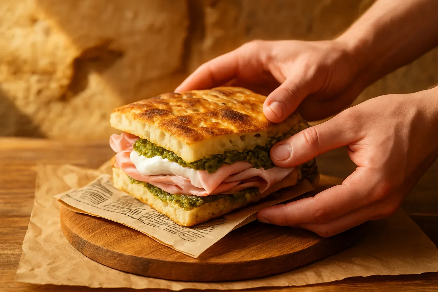 Focaccia rellena de mortadela y burrata envuelta en papel kraft en Grande Focaccia