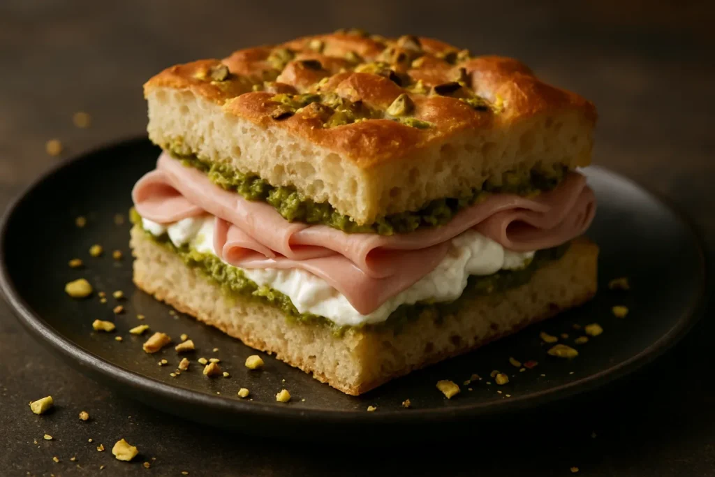 Focaccia rellena de mortadela, pesto de pistacho y stracciatella cortada en porciones