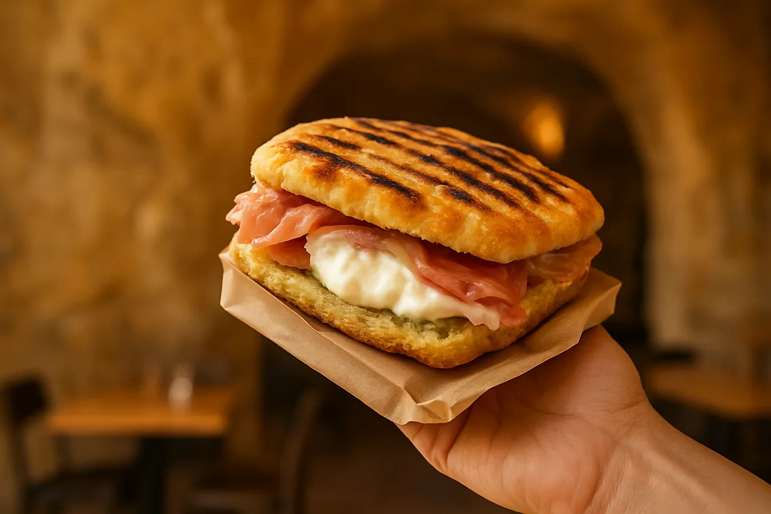 Mano sujetando una focaccia rellena recién hecha