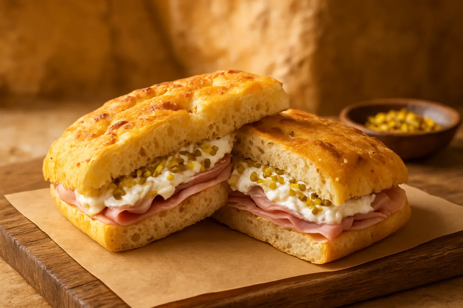 Focaccia farcida de mortadel·la, stracciatella i pistatxo tallada per la meitat