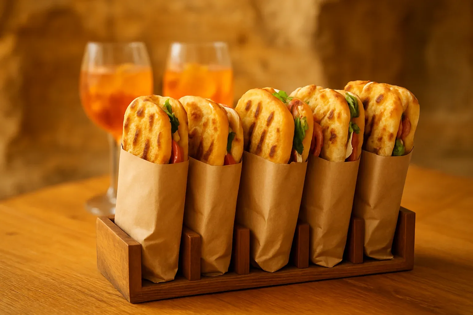Focaccias rellenas envueltas en papel kraft en un soporte de madera en Grande Focaccia
