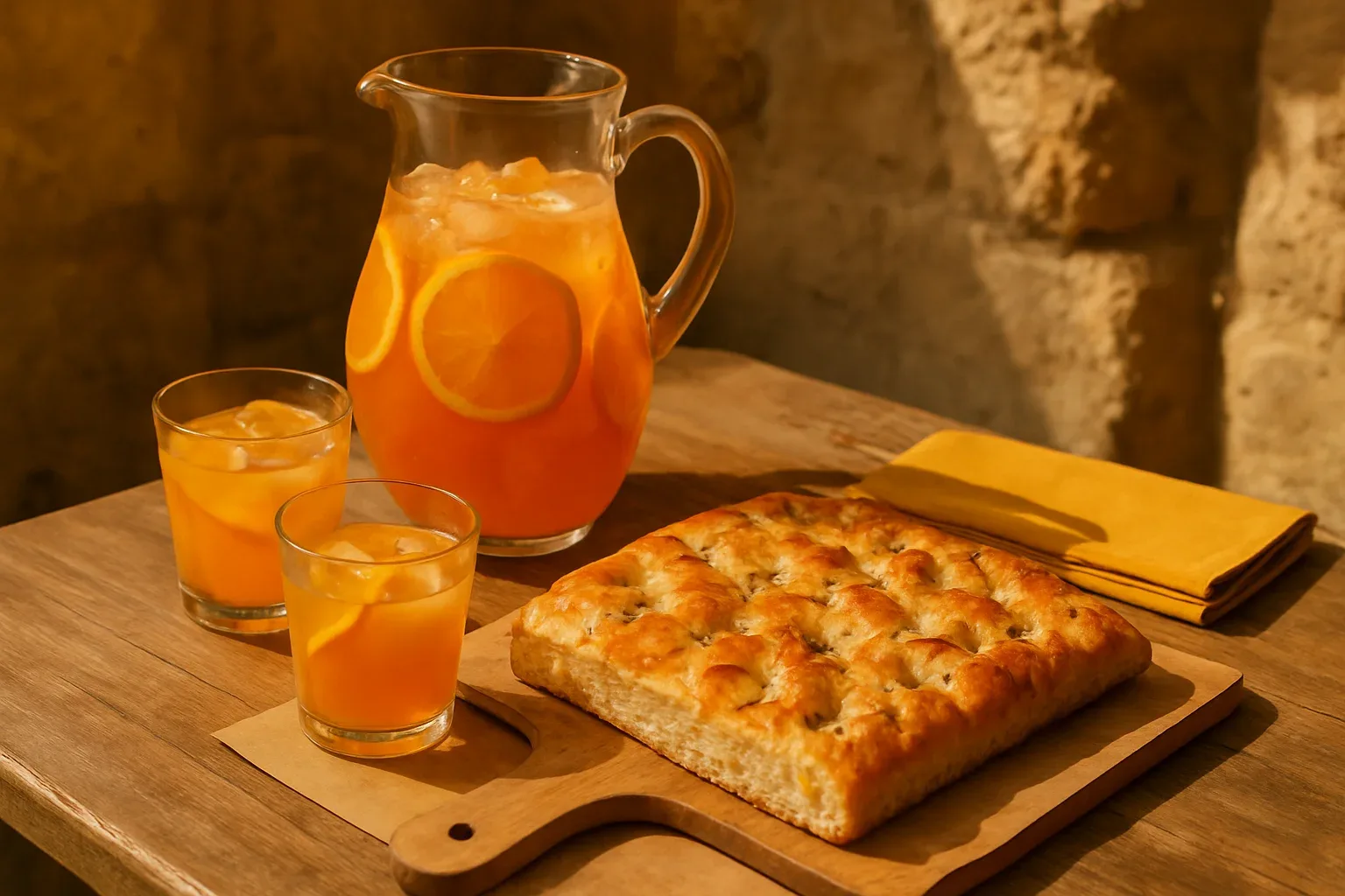 Gerra de sangria d'Aperol amb taronja i gots sobre la taula al migdia