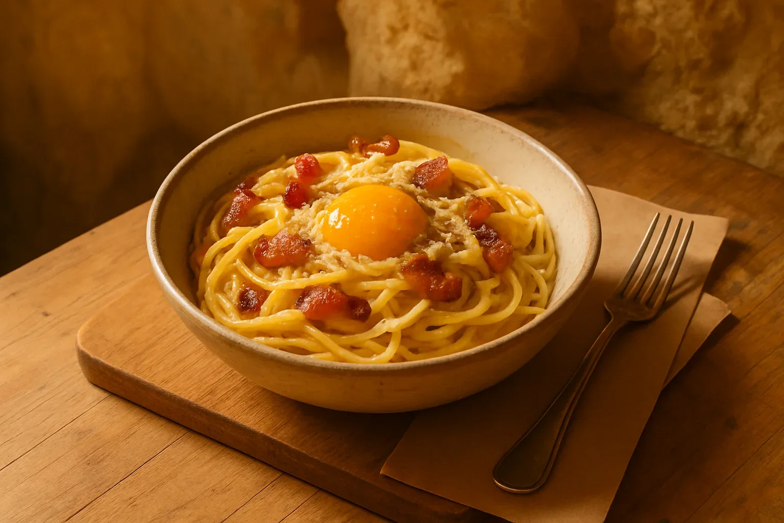 Plato de pasta carbonara con guanciale y pecorino