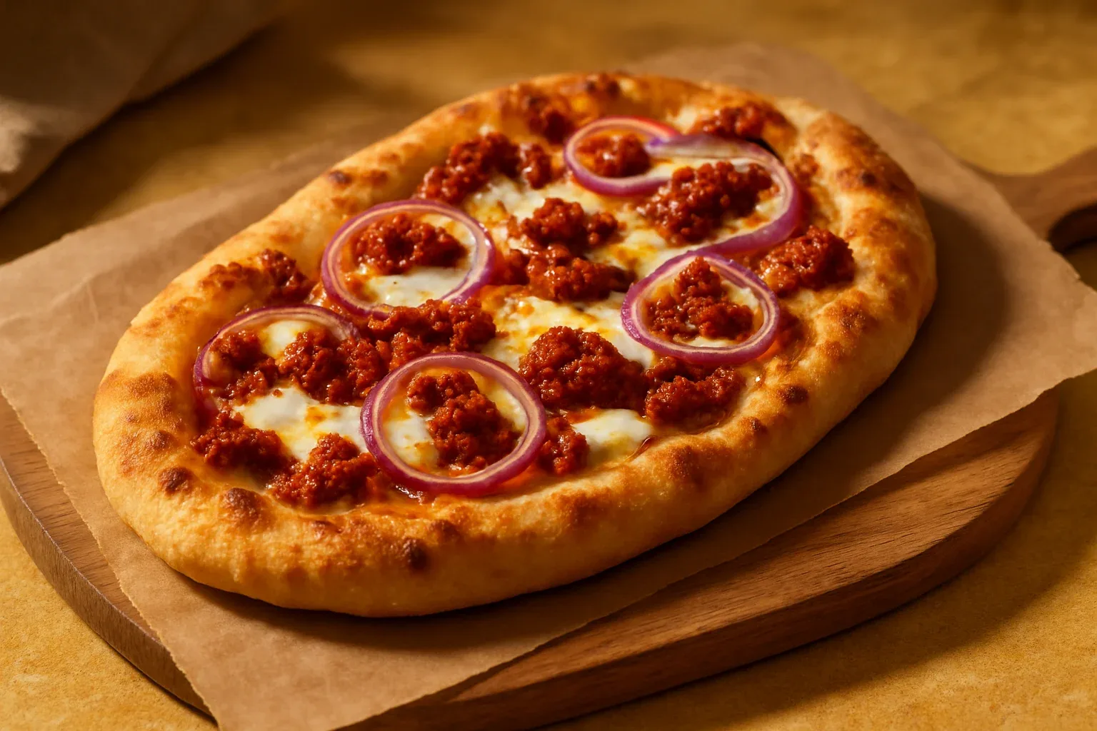 Pinsa con nduja picante, mozzarella y miel
