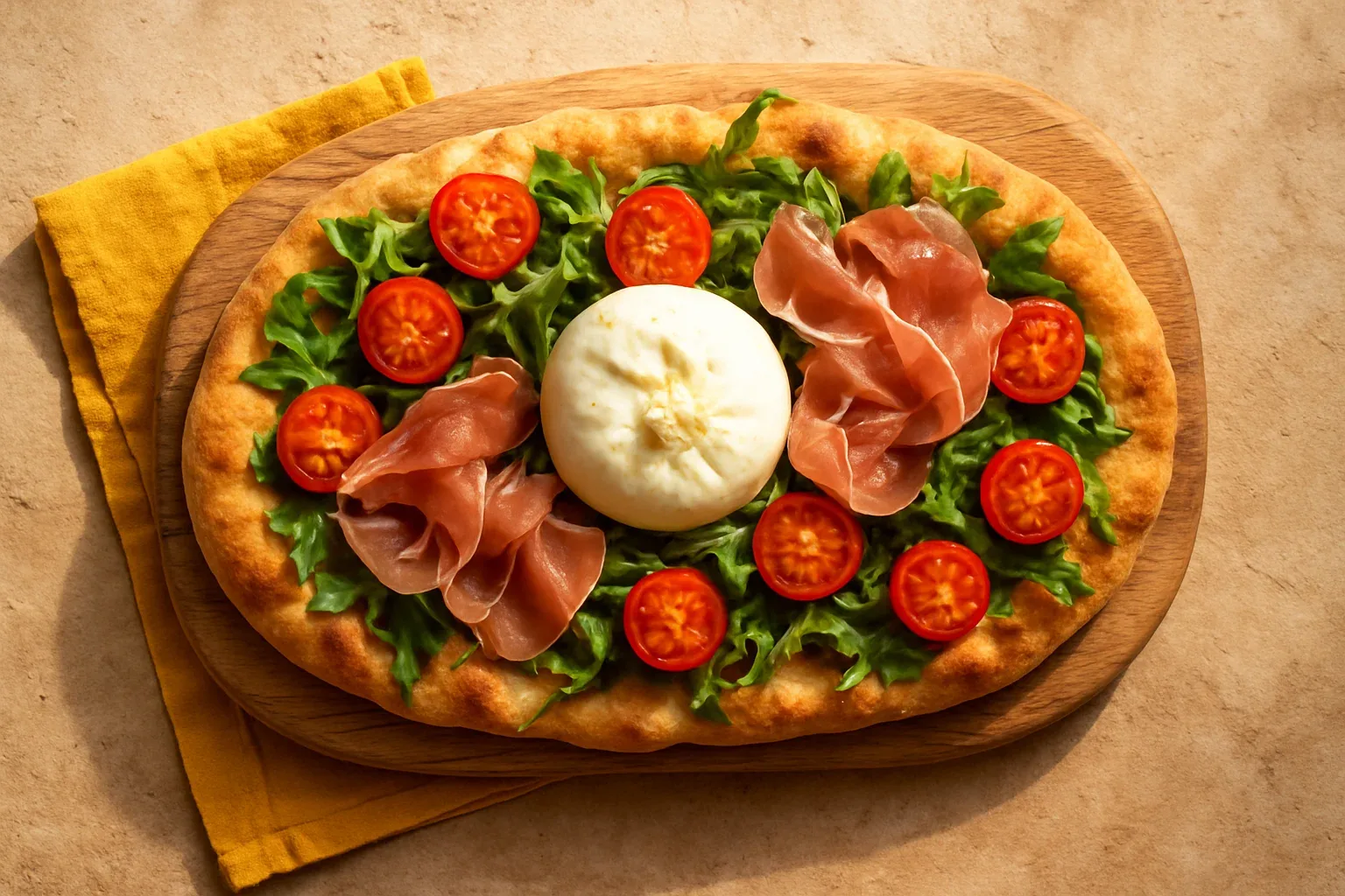 Pinsa romana con tomate cherry, rúcula y burrata vista desde arriba