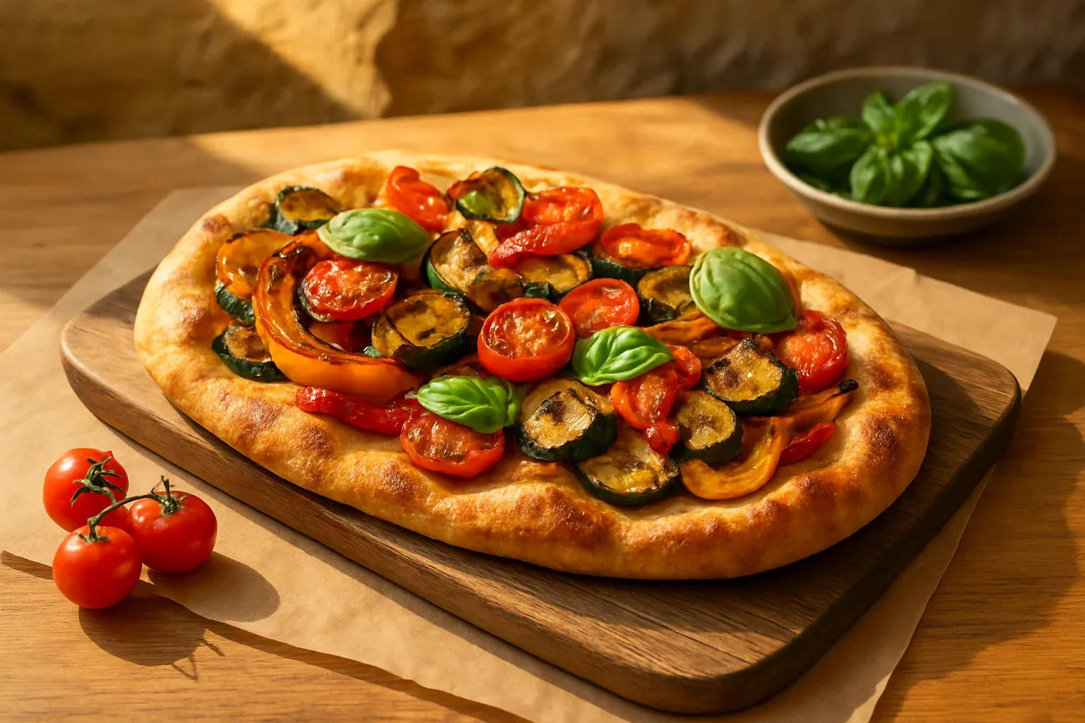 Pinsa vegana con verduras asadas y albahaca
