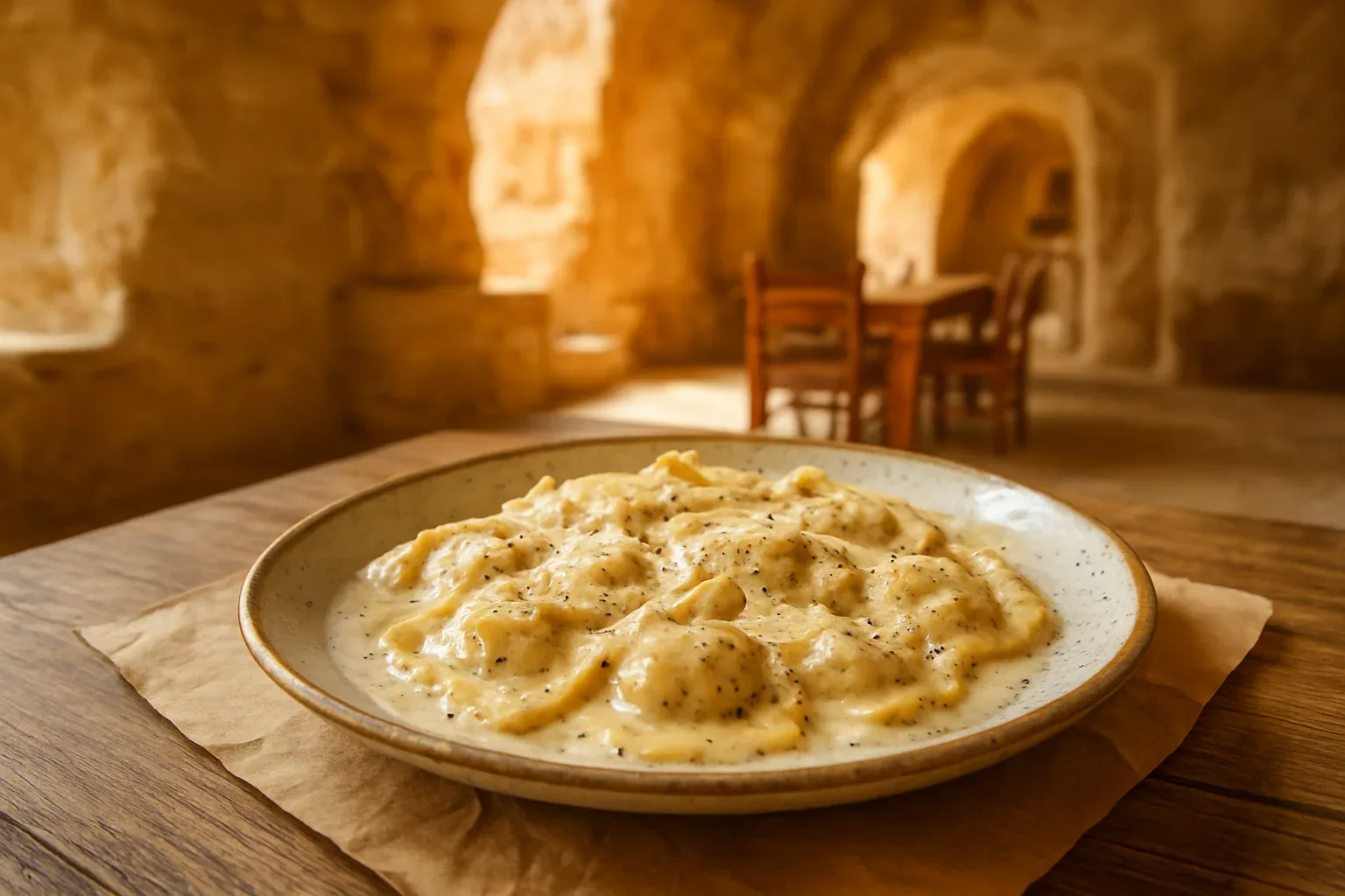 Ravioli con salsa cacio e pepe y pimienta negra recién molida