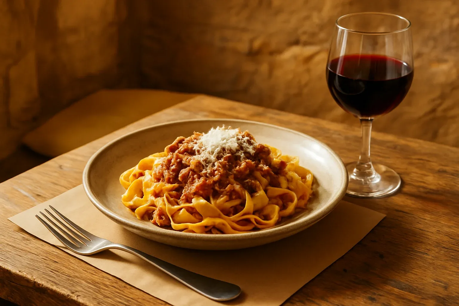 Tagliatelle con ragú de carne y parmesano