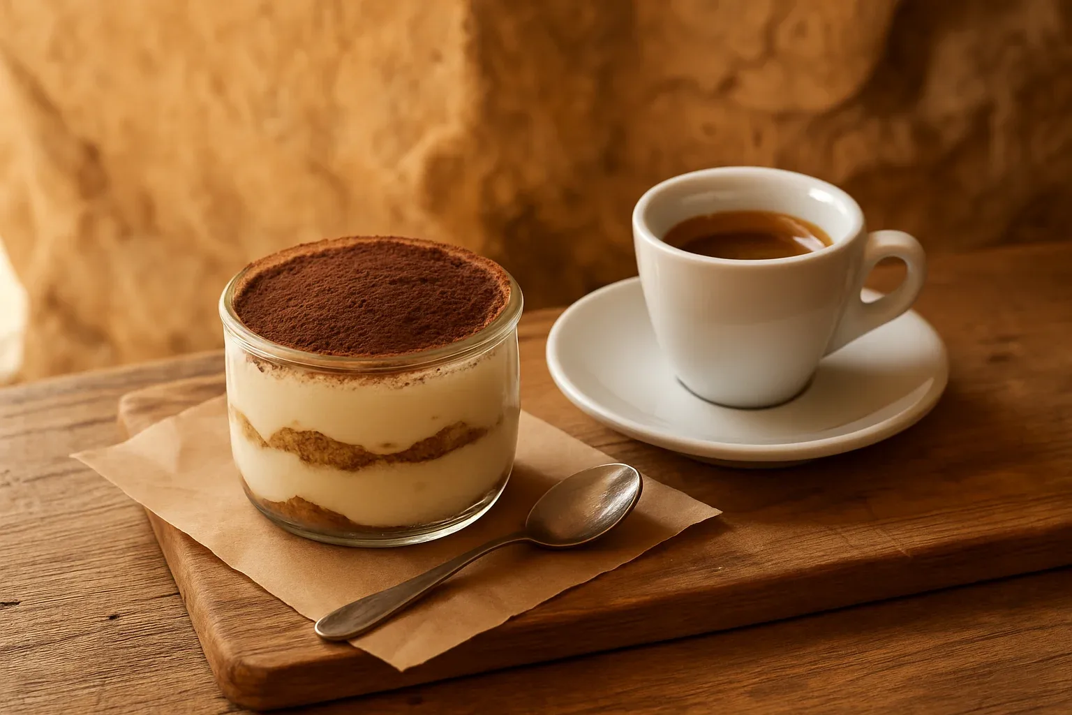 Tiramisú casero servido en vaso como postre italiano