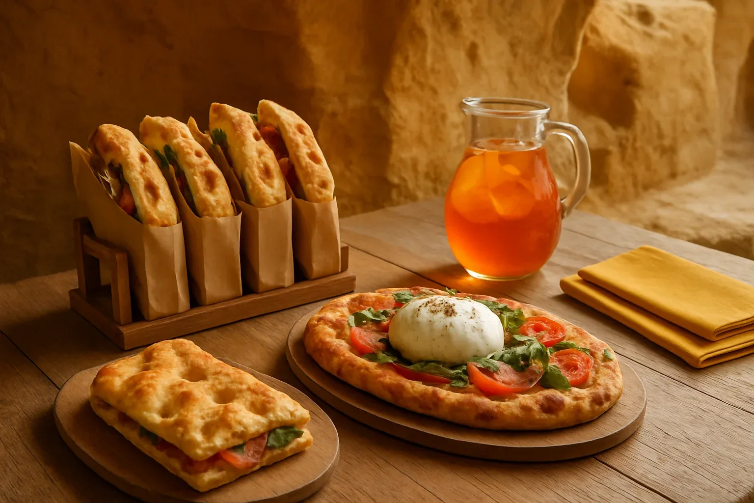 Mesa de mediodía en Grande Focaccia con focaccias rellenas, pinsa y sangría de Aperol dentro de La Cova