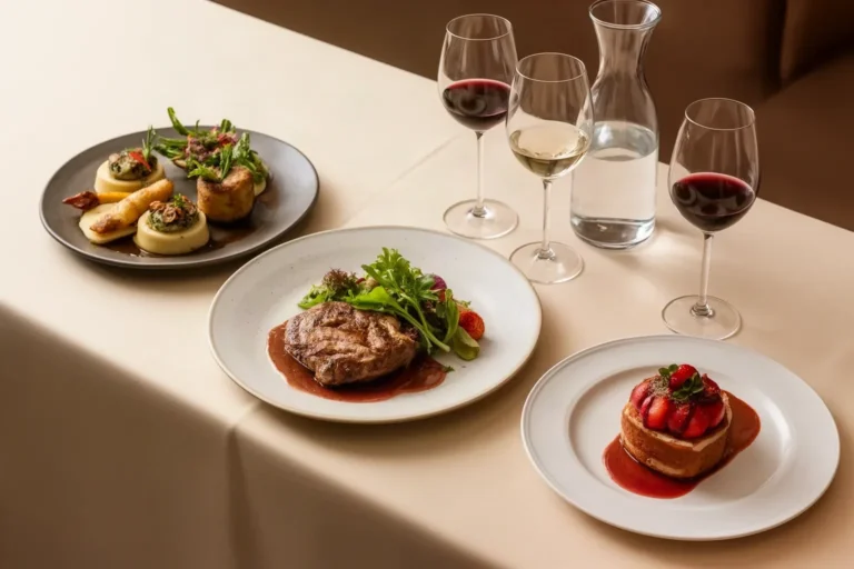 Entrante, plato principal y postre de un menú cerrado de empresa servidos en la mesa