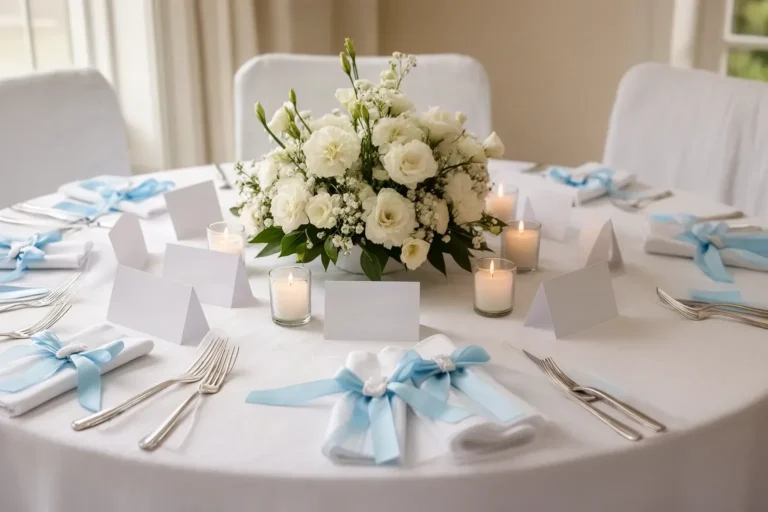 Mesa decorada con centro de flores blancas y velas preparada para la comida de un bautizo