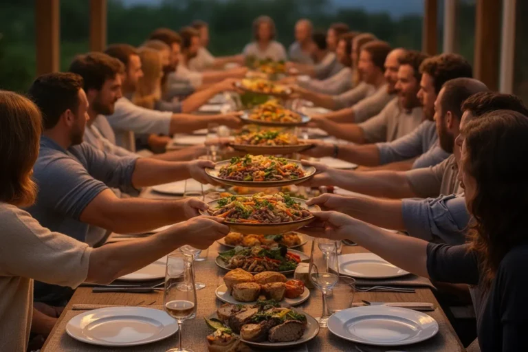 Grupo grande de amigos pasándose bandejas para compartir en una mesa larga durante la cena