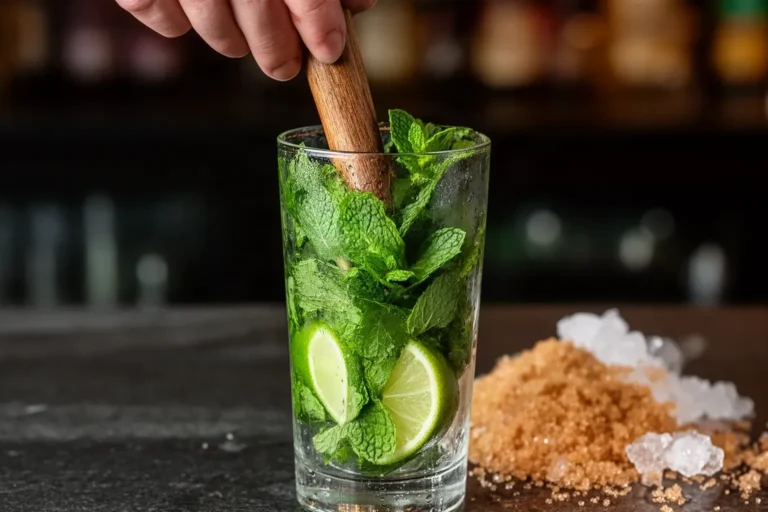 Mano majando hierbabuena fresca y lima en un vaso para preparar un mojito artesanal