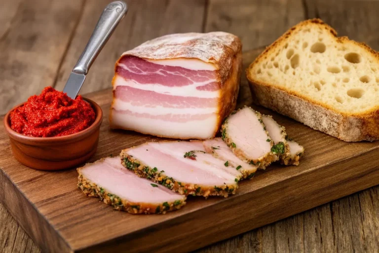 Tabla con nduja para untar, guanciale y lonchas de porchetta italiana sobre madera