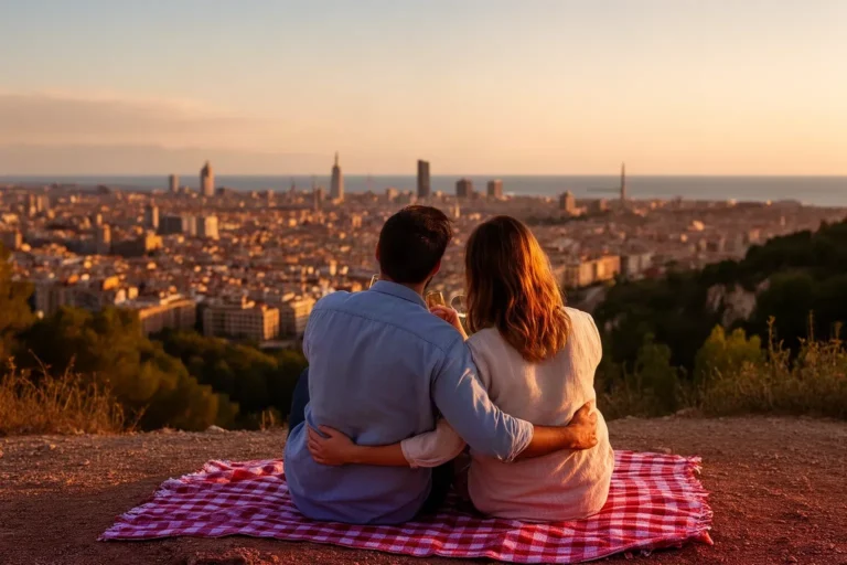Pareja de espaldas contemplando Barcelona desde un mirador al atardecer en su aniversario