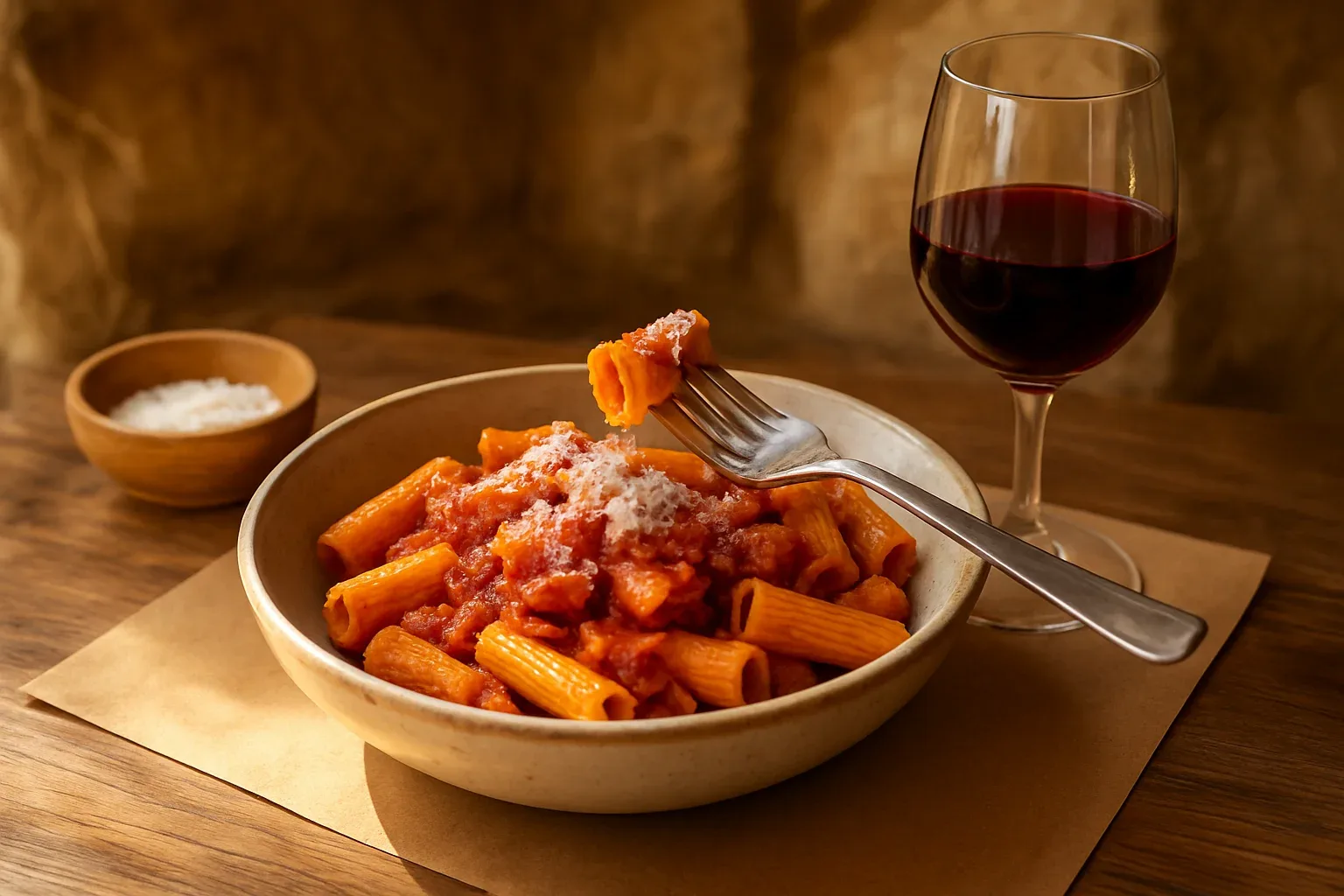Plato de rigatoni con salsa de tomate en el mediodía de Grande Focaccia