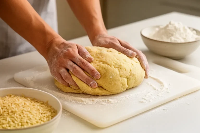 Manos amasando pasta fresca sin gluten con harina de arroz sobre una tabla limpia