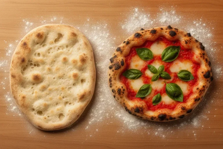 Pinsa romana ovalada junto a una pizza redonda sobre una tabla de madera enharinada
