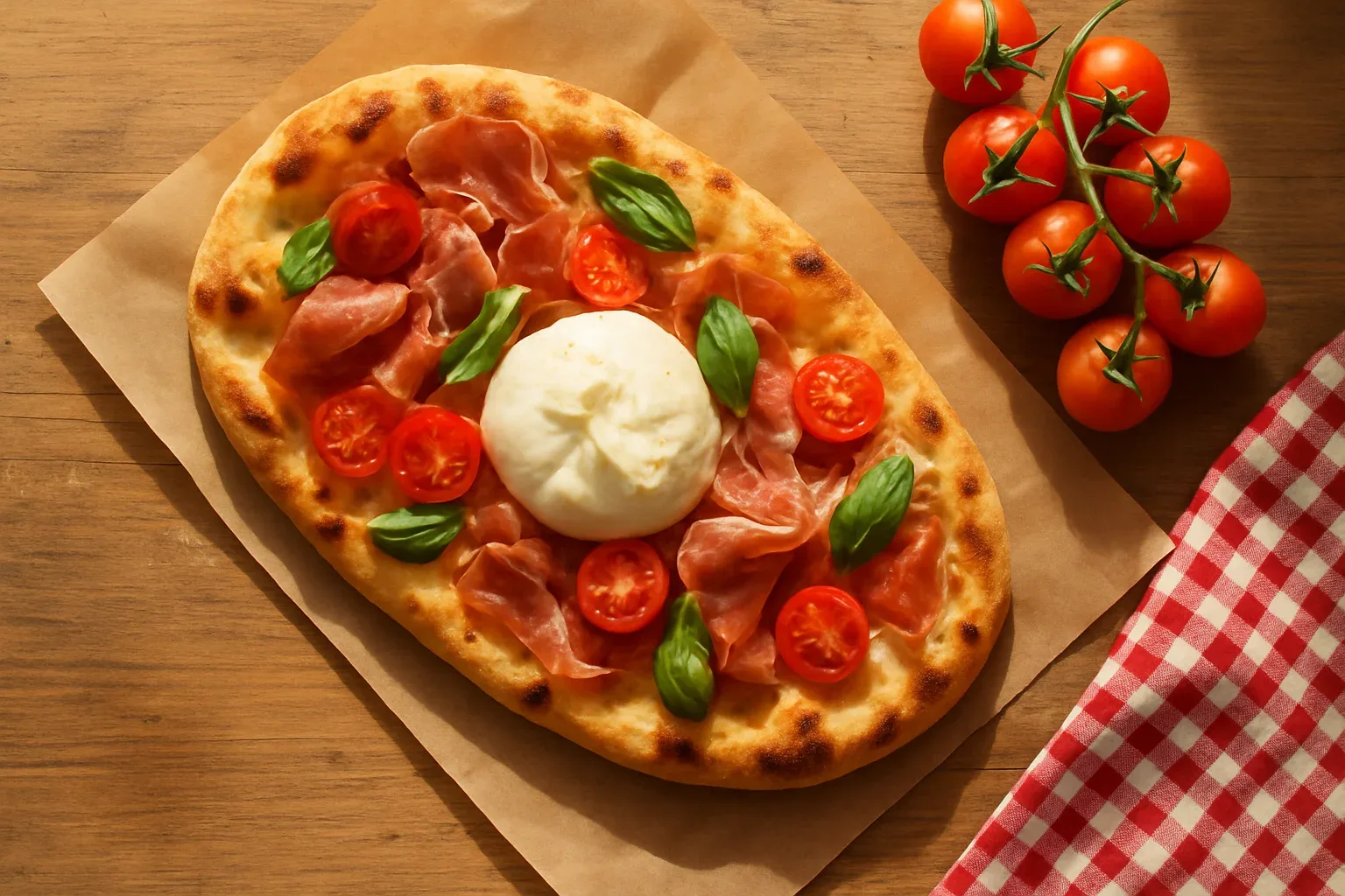 Pinsa romana con tomate cherry, burrata y albahaca en Grande Focaccia
