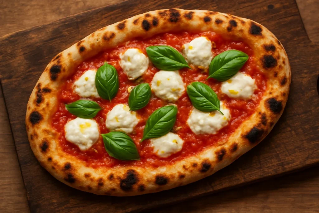 Pinsa romana recién horneada con mozzarella y albahaca sobre tabla de madera en Grande Focaccia, Sant Quirze del Vallès