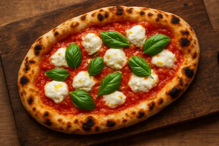 Pinsa romana recién horneada con mozzarella y albahaca sobre tabla de madera en Grande Focaccia, Sant Quirze del Vallès
