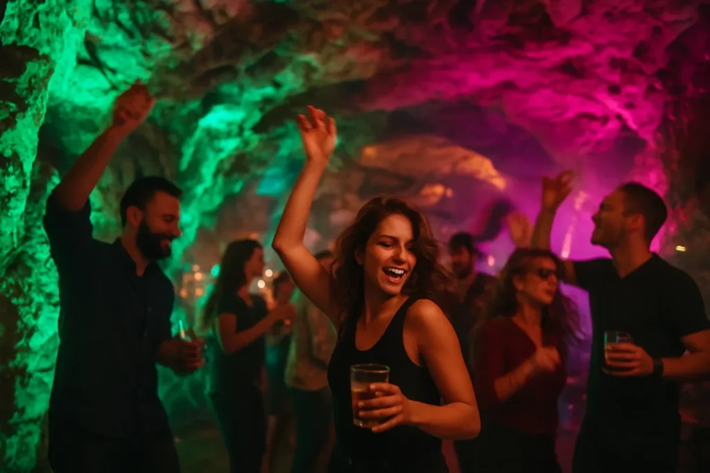 Luces de colores sobre una pared de roca de noche y gente bailando (imagen ilustrativa)