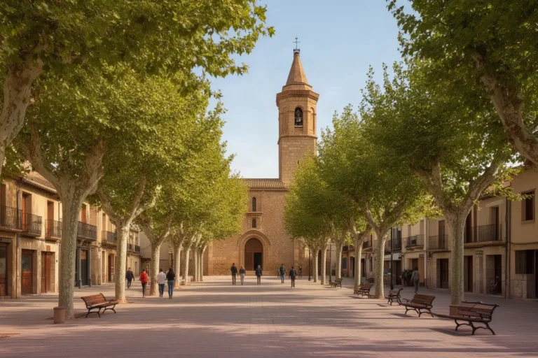 Plaza de un pueblo del Vallès Occidental con árboles, campanario y gente paseando