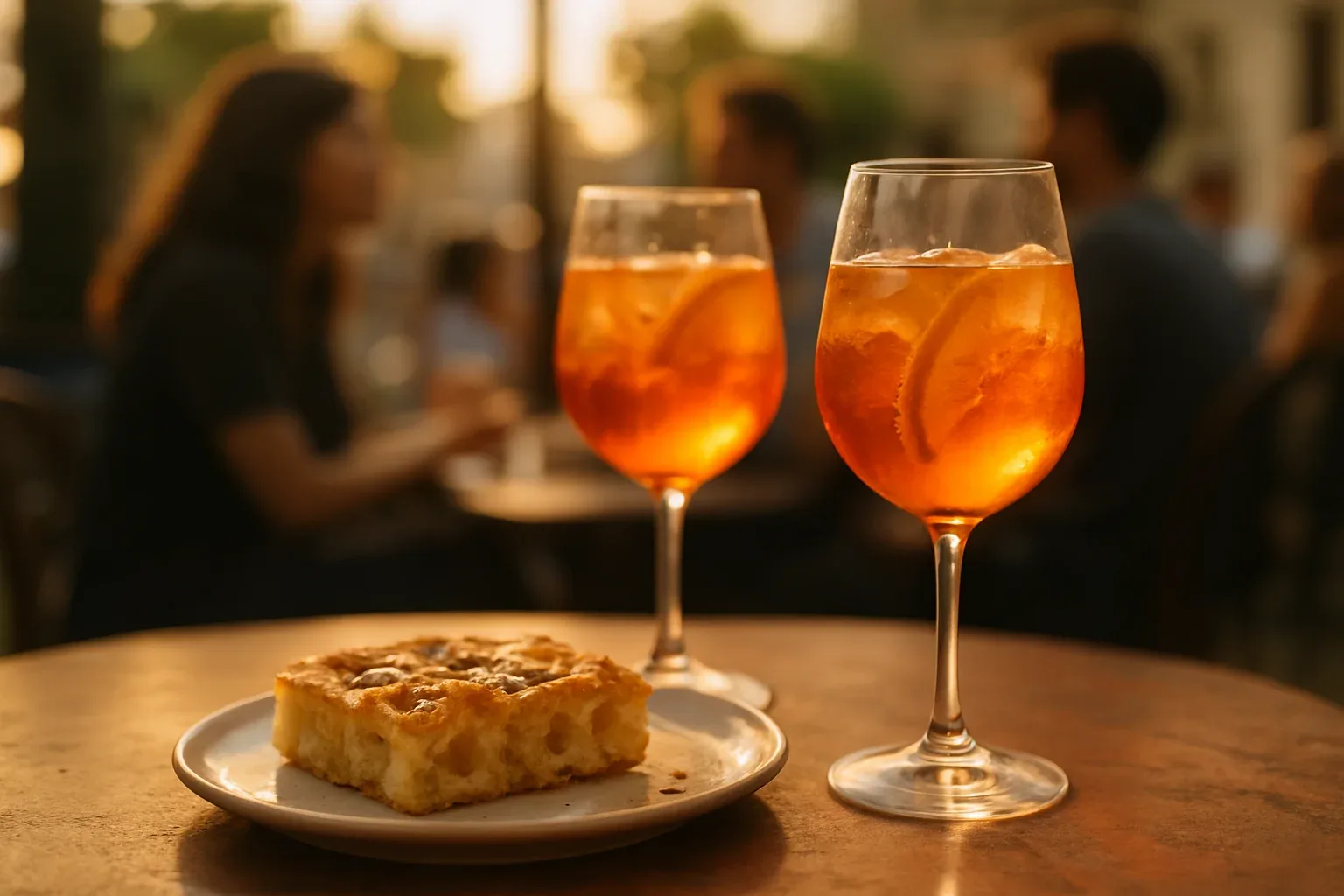 Sobretaula de tardeo amb spritz d'Aperol i focaccia