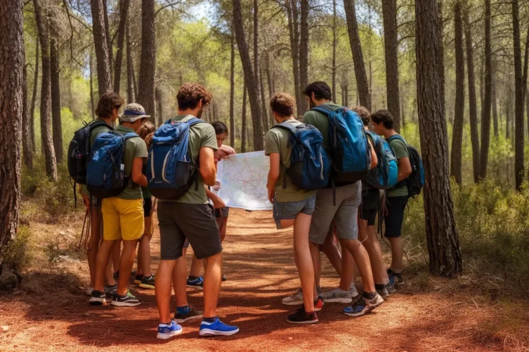 Equipo de compañeros siguiendo un mapa en una actividad de orientación por el bosque